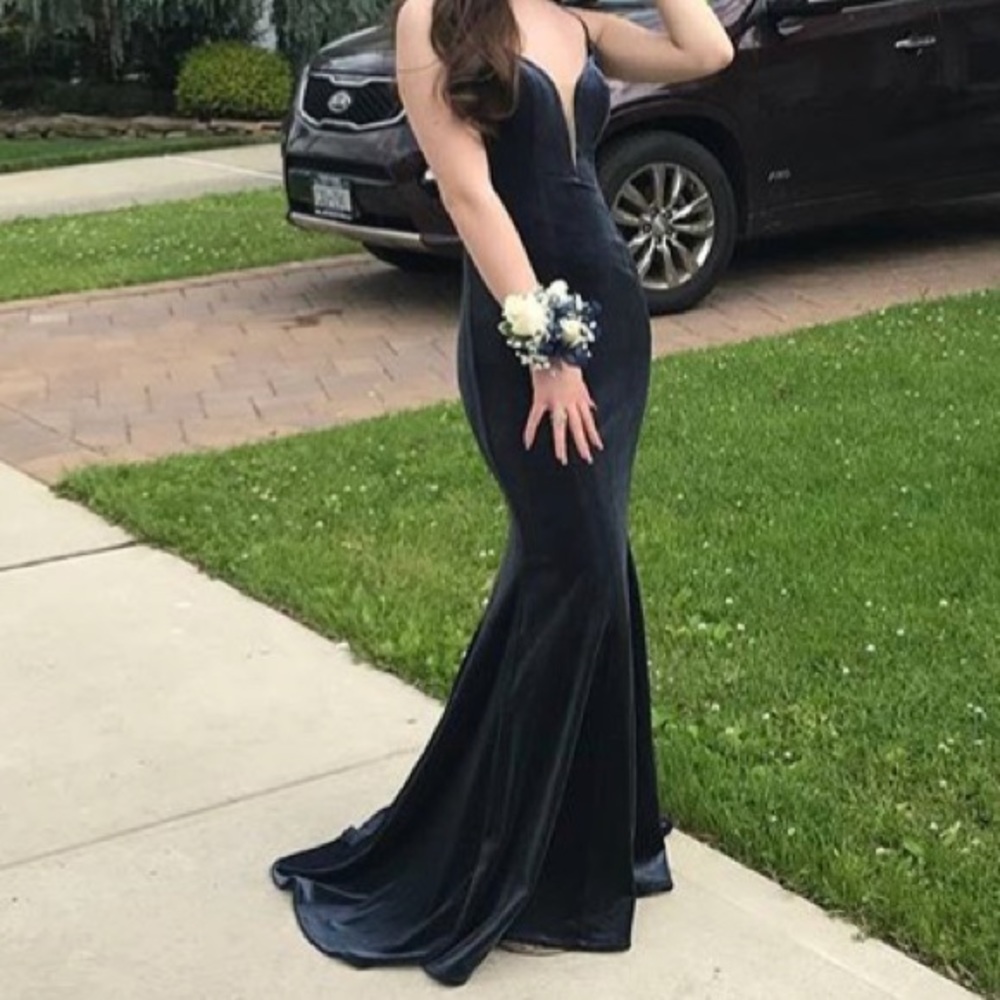 Velvet Navy Blue Prom Dress